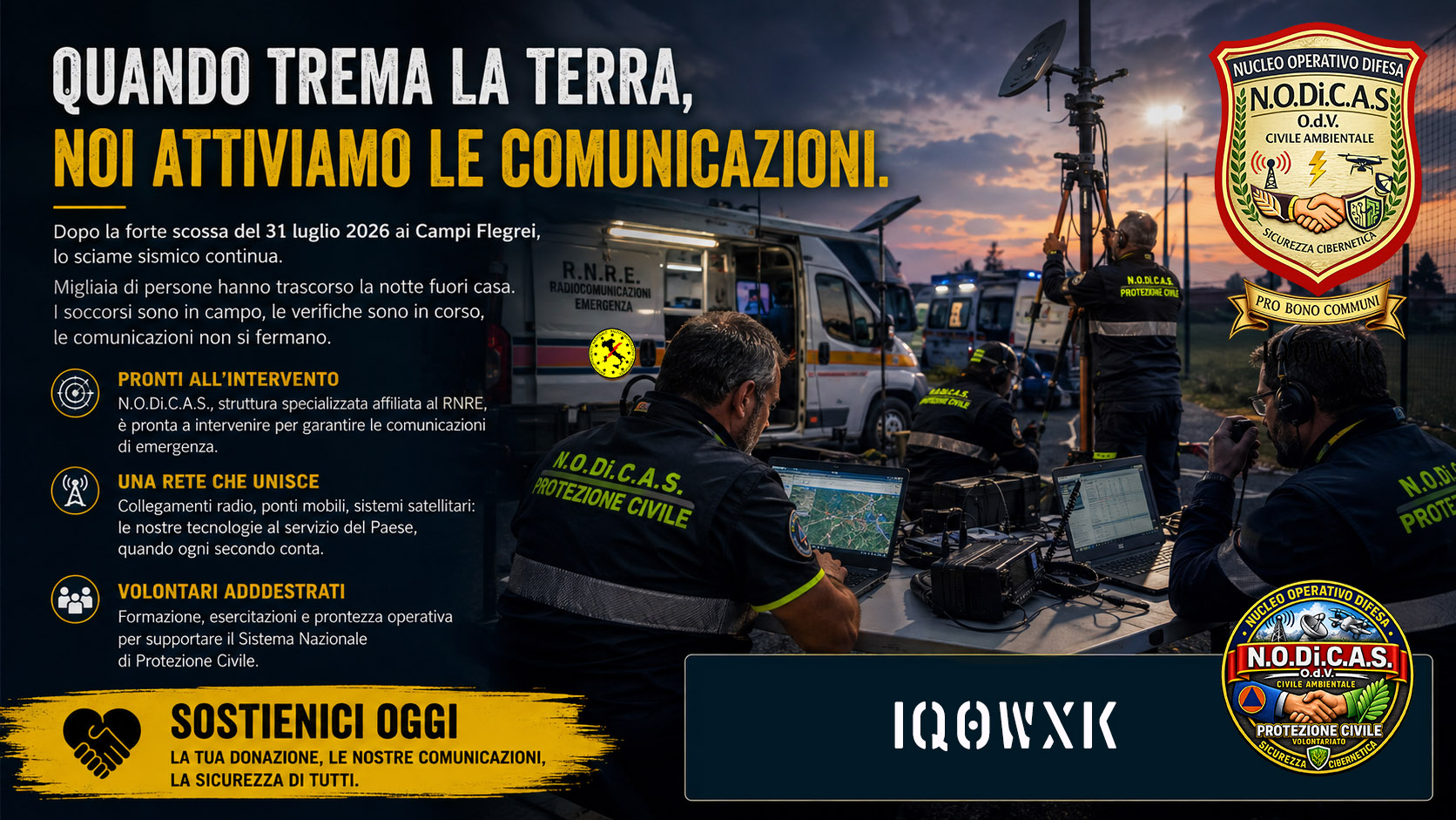 volontari all'opera mentre utilizzano, radio, pc, e installano ponti radio.