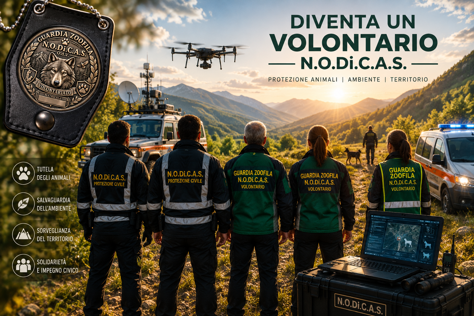 Locandina N.O.Di.C.A.S. con cinque volontari in divisa e pettorina Guardia Zoofila in un paesaggio montano, mezzi di soccorso, drone e cane operativo. In alto a sinistra è raffigurata una placca identificativa N.O.Di.C.A.S. con testa di lupo e scritta “Volontariato”.
